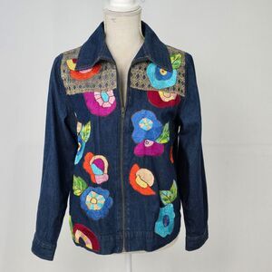 Julia Kim Women's Small Cotton Denim Jean Jacket Floral Embroidered Art To Wear
